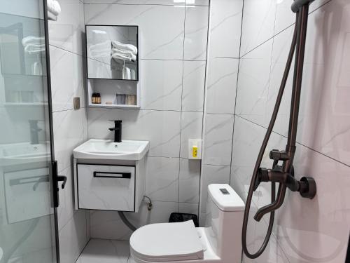 a bathroom with a toilet and a sink and a shower at 恩宜客栈 in Dujiangyan