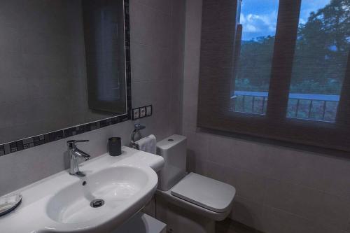 baño con lavabo y aseo y ventana en Casa Martin Ordesa, en Sarvisé