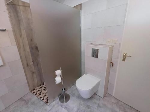 a bathroom with a toilet and a toilet paper dispenser at Aquaronde 119 in Lemmer