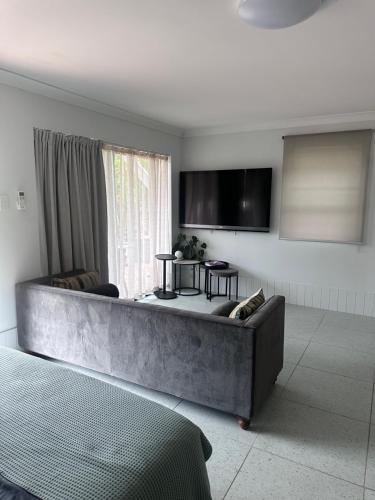 a living room with a couch and a tv at Sophisticated Spacious Self Contained Studio in Brisbane