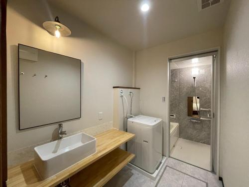 a bathroom with a sink and a shower at Casa Kokoro Hakuba in Hakuba