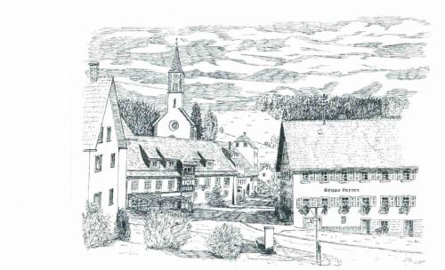 a drawing of a town with a church at Gasthaus-Pension Zum Kreuz in Stühlingen