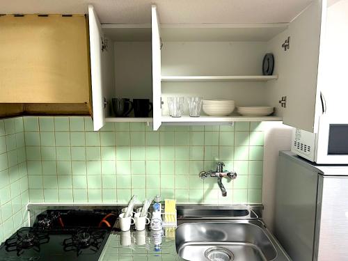 a kitchen with a sink and green tiled wall at KIYAZA Higashi Sapporo in Sapporo