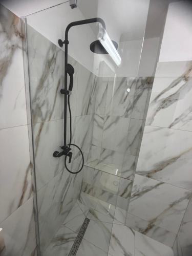 a shower with a glass door in a bathroom at SylvanoStudioCenter in Ploieşti