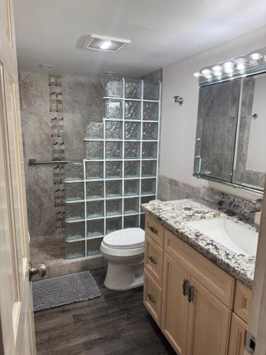 a bathroom with a toilet and a sink and a shower at The Happy Hideaway - Maui Calm by the Ocean in Kihei