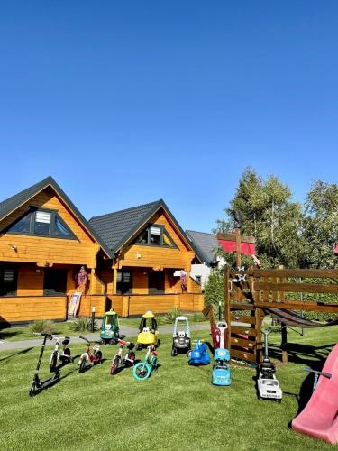 a group of toy cars on the grass in front of a house at Delfinek - Domki Apartamenty in Gąski