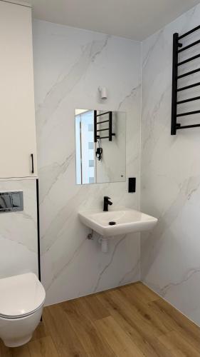 ein weißes Badezimmer mit Waschbecken und Toilette in der Unterkunft Odpocznij Podlasie in Łuka