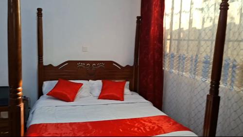 a bedroom with a bed with red pillows on it at Sunny Studio Kikuyu Town in Kikuyu