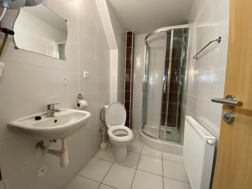 a bathroom with a toilet and a sink and a shower at Penzión na Ráztočnom in Klenovec