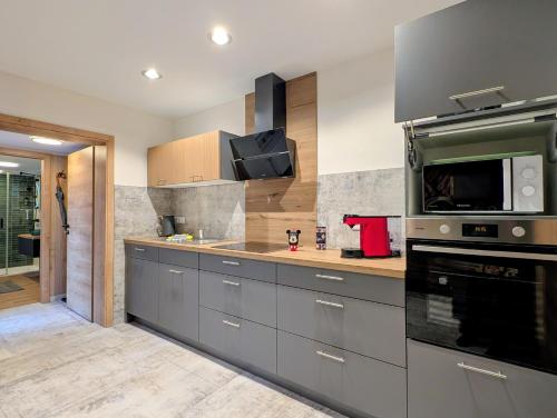 a kitchen with gray cabinets and a microwave at Ferienwohnung Forest Life in Hasselfelde
