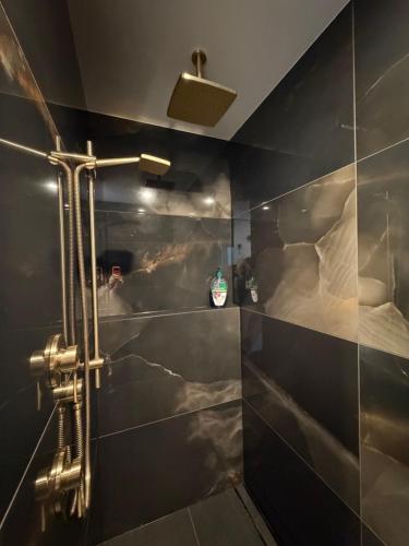 a bathroom with a shower with a glass wall at The Olde Whiskey Room in Queenstown