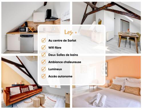 a collage of photos of a room with a bedroom at Plein centre, 2 chambres, lumineux, "Traverse" in Sarlat-la-Canéda