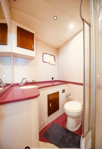 a small bathroom with a toilet and a sink at Meridian bleu in Salamina