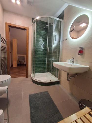 a bathroom with a sink and a glass shower at Apartmány pod Štěpánkou in Kořenov