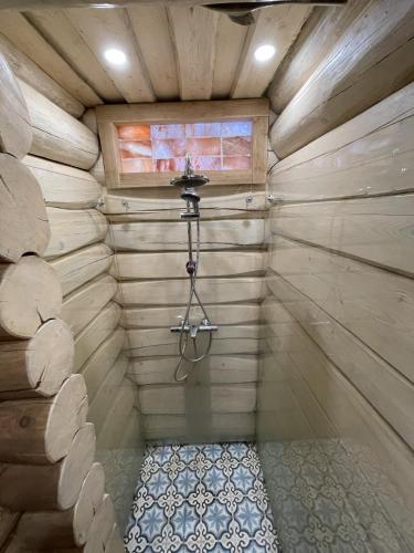 a small room with a shower in a wooden cabin at Nordic Log-House with Sauna in Valga
