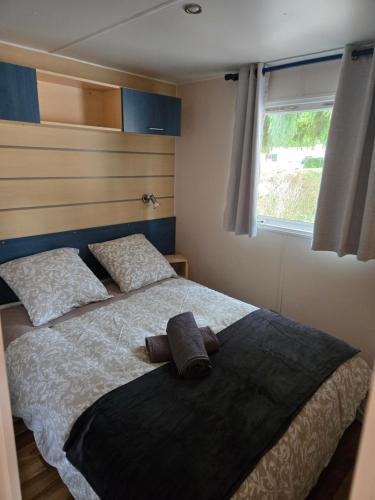 a bedroom with a bed with two pillows and a window at Mobil-home Beau Rivage in Gunsbach