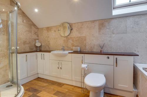 a bathroom with a toilet and a sink and a shower at 3 Bed in South Molton oc-millba in Bishops Nympton