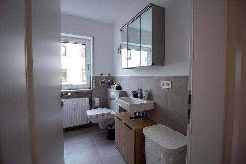 a bathroom with a sink and a toilet and a mirror at Glanzvoll, moderne Wohnung in Aschaffenburg