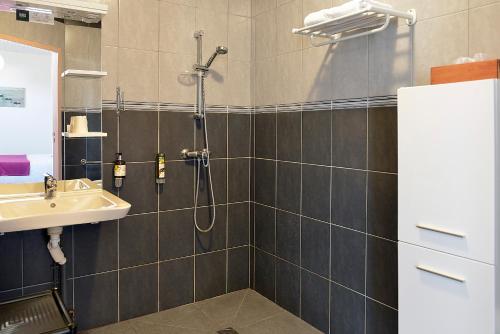 a bathroom with a shower and a sink at Logis Hôtel Restaurant Berry Relais in Neuvy-Pailloux