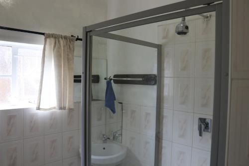 a bathroom with a shower and a sink at Joyful Vista Guest Lodge in Victoria Falls