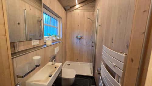 a bathroom with a sink and a toilet and a mirror at Das Haus Kaninchenhöhle in Dankern