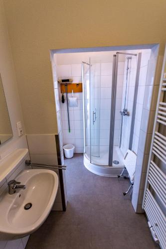 a bathroom with a sink and a shower at Ferienwohnung Krabbe in Dornum