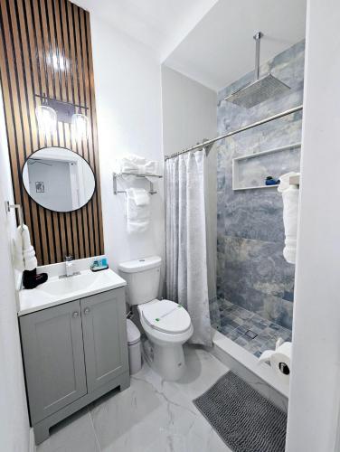 a bathroom with a toilet and a sink and a shower at Romantic Suite in Tampa