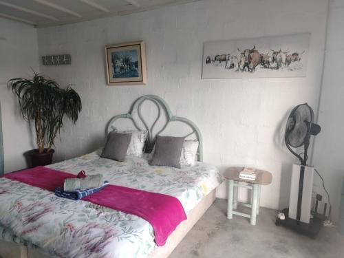 a bedroom with a bed and a table with a plant at Cocos Island in Bettyʼs Bay