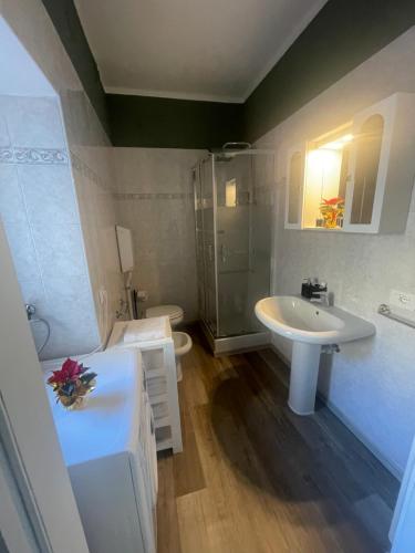 a bathroom with a sink and a shower and a toilet at Ca Sunder in Sondrio