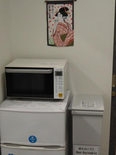 a microwave oven sitting on top of a refrigerator at Phoenix Inn in Tokyo