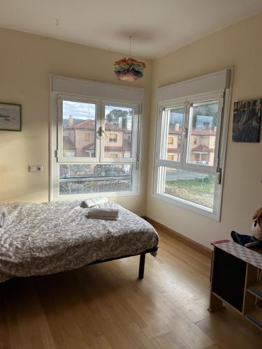 a bedroom with a bed and two windows at CasitaAzul double room in Cáseda
