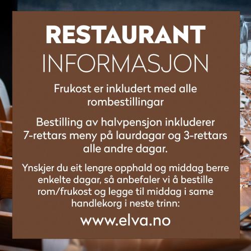 a sign in a restaurant advertisesrestaurant information at Elva Hotel in Vossevangen