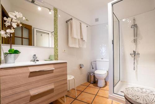 a bathroom with a shower and a sink and a toilet at Apartamento Vulcano in Adeje