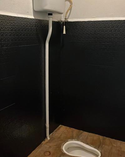 a bathroom with a toilet in a black wall at Temin Roomstay in Pulau Langkawi