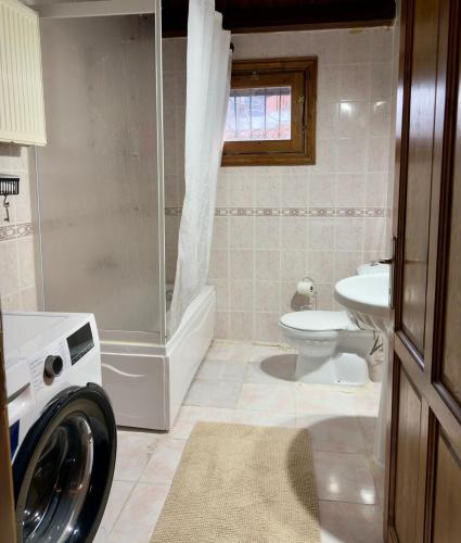 a bathroom with a washing machine and a toilet at Sapanca Vi̇lla Bahce Şükriye Küçükal in Sapanca