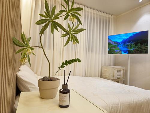 a bedroom with a potted plant on a table at Gwanganli Breeze Bay in Kwangan-dong