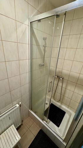 a shower with a glass door in a bathroom at Noclegi Witoszyn - Akacjowa 2 in Witoszyn Dolny