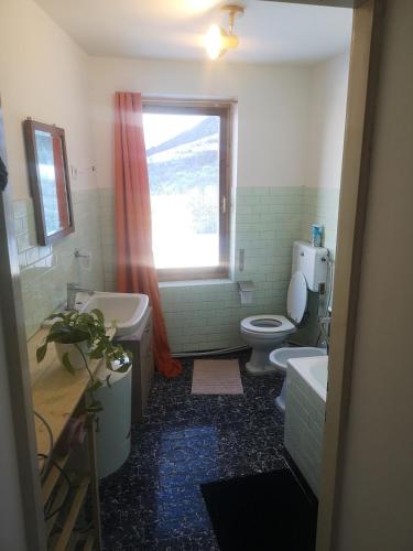 a bathroom with a toilet and a sink and a window at Casa vacanze Feltre in Feltre