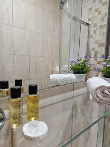 a bathroom with two bottles of essential oils on a counter at Apartments Divanhana 2 in Kiseljak