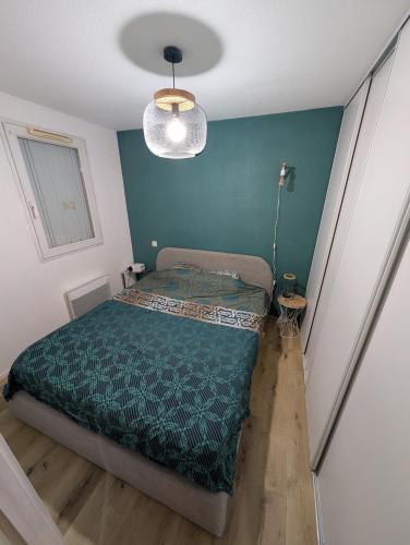 Appartement T2 في تولوز: غرفة نوم مع سرير مع لحاف أخضر