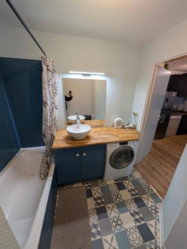 Appartement T2 في تولوز: حمام مزود بحوض غسيل وغسالة ملابس