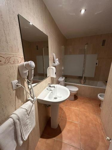 a bathroom with a sink and a toilet and a mirror at Hotel Acebo Plaza Mayor in Jaca