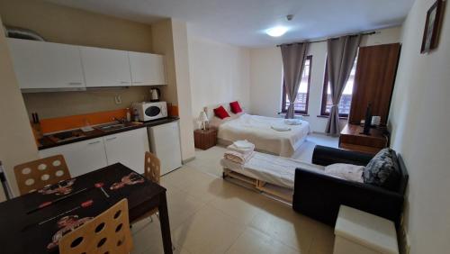a kitchen and a living room with a bed and a table at Studio Kalina Green Life in Pamporovo
