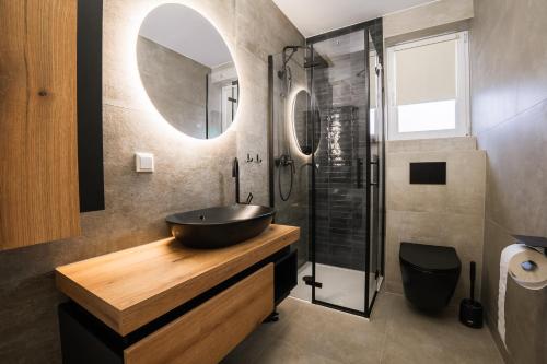 a bathroom with a sink and a glass shower at Hannas Lieblingsplatz in Marburg an der Lahn