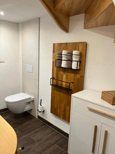 a bathroom with a toilet and towels on a wall at Ferienhaus Königstein in Königstein an der Elbe