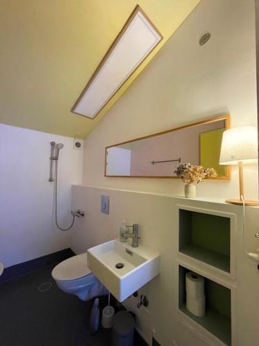 a bathroom with a sink and a toilet and a mirror at Agerdal - dejligt hus midt i mark og have in Nykøbing Mors