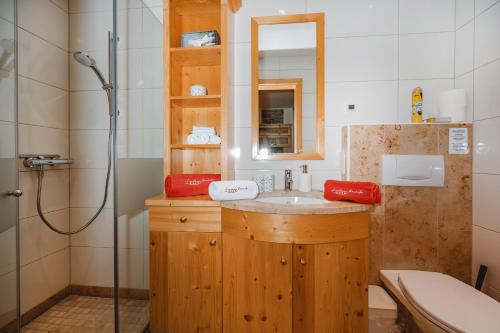 a bathroom with a sink and a shower and a toilet at Landhaus Armstorfer in Puch bei Hallein