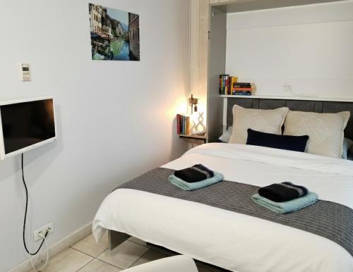 a bedroom with a bed with two towels on it at Reflets du Lac Annecy, Baie des Voiles - Vue Lac - Terrasse - Plage & Parking Privés in Duingt