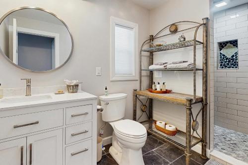 a bathroom with a toilet and a sink and a mirror at Private Patio & Pond: Serene Black Mountain Escape in Black Mountain