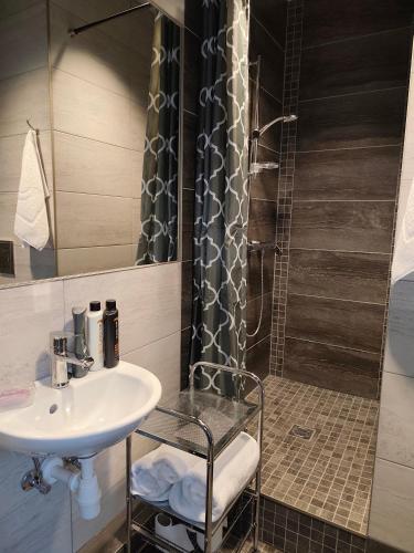 a bathroom with a sink and a shower at Red Doors Apartament 23 Free Parking in Riga